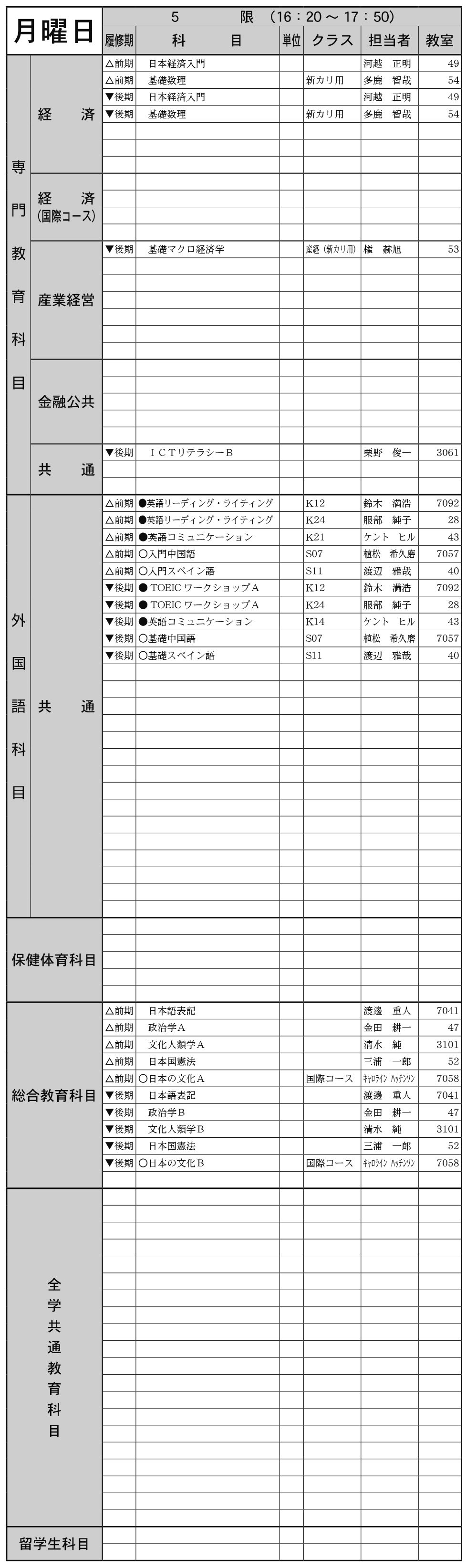 １年生月曜日５限の画像