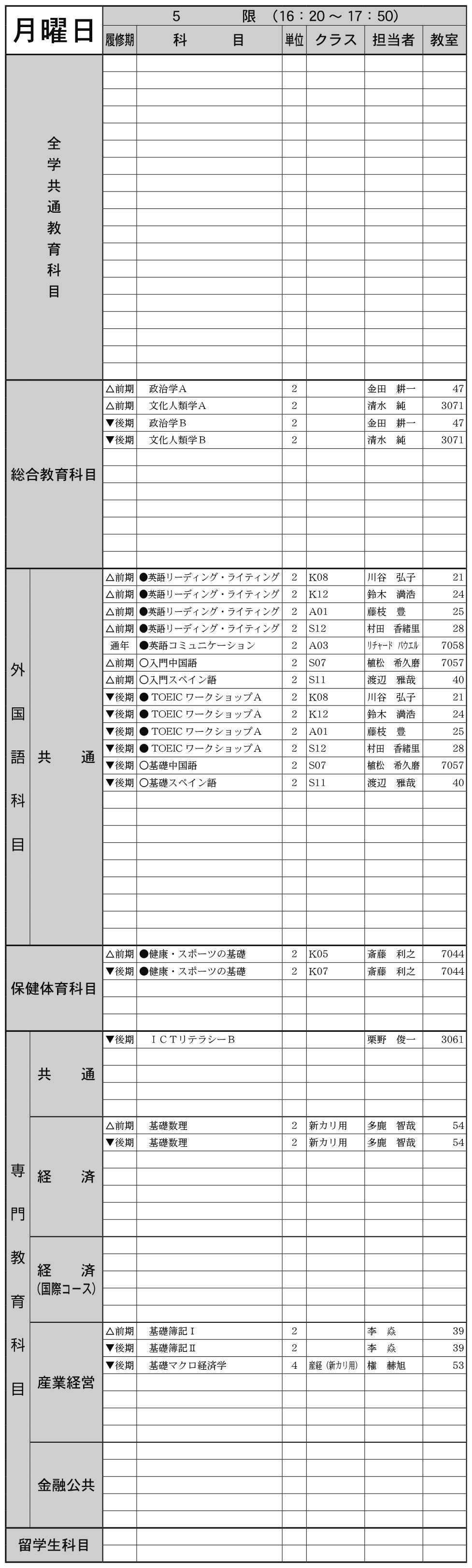 １年生月曜日５限の画像
