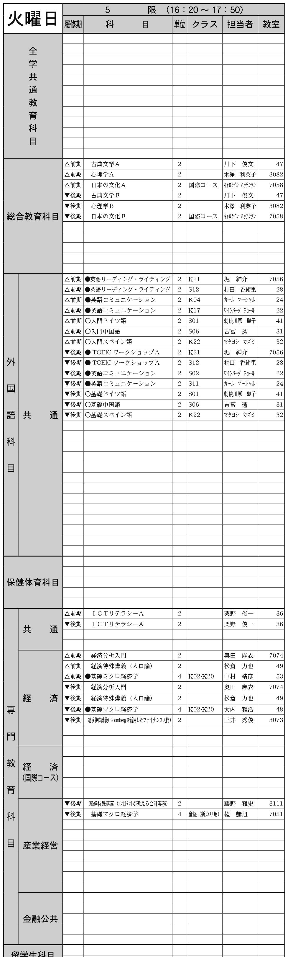 １年生火曜日５限の画像